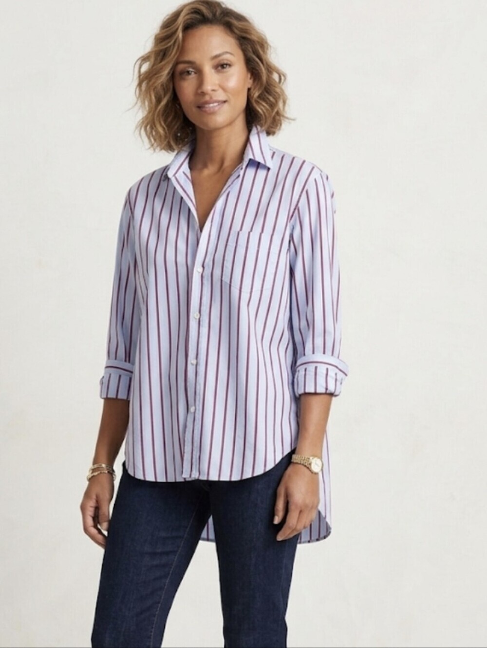 Frank & Eileen Eileen Striped Button Down Shirt Blue/Burgundy/White Cotton Sz M